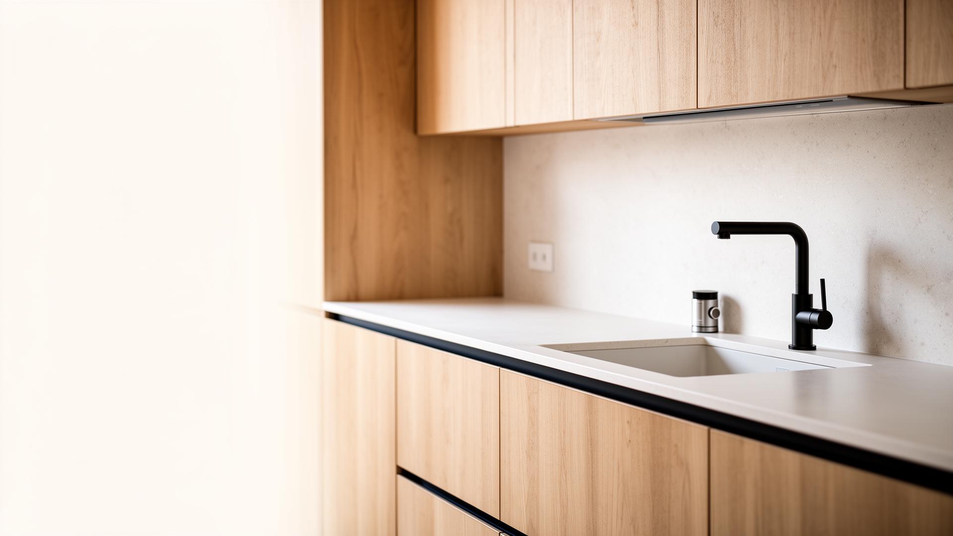 Bucătărie modernă minimalistă cu robinet premium și sistem RIVELO de filtrare a apei